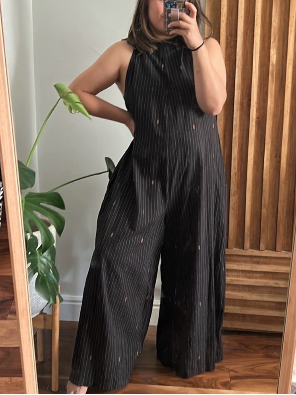 Cost Plus World Market Black Pinstripe Halter Jumpsuit with Teal & Mustard Dots